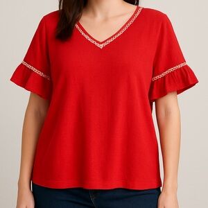 🆕 Max Studio Red V-Neck Crinkle Blouse 2X Embroidered Trim, Flutter Sleeves NWOT